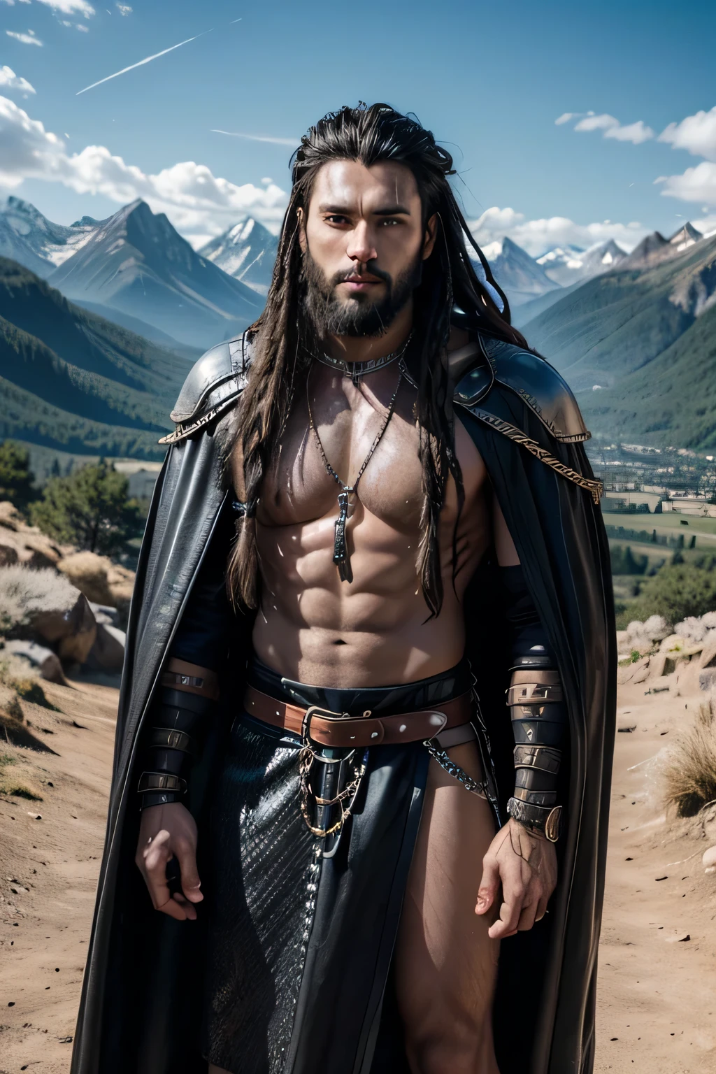 1 man with dark skin, warrior ,leather robes ,Chain mail ,little beard ,long hair with dreads, mountains in the background