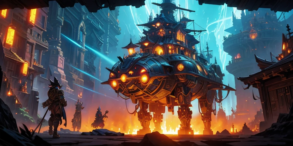 Ancient anime style, artbook, comicbook, RPG, futuristic medieval. Goblin God, with human face with glowing tribal magic tattoos, neon details, with technological tribal armor with glowing magic marks, full body, bare feet, spear with glowing magic marks. Epic scene, wide and deep scenery, with several depth planes, stylish and dynamic pose. In the middle of a magical steampunk technological village, mixing technology and vegetation, buildings with neon details and glowing magical vegetation, magical technological airships with shiny details inspired by ships flying in the sky.