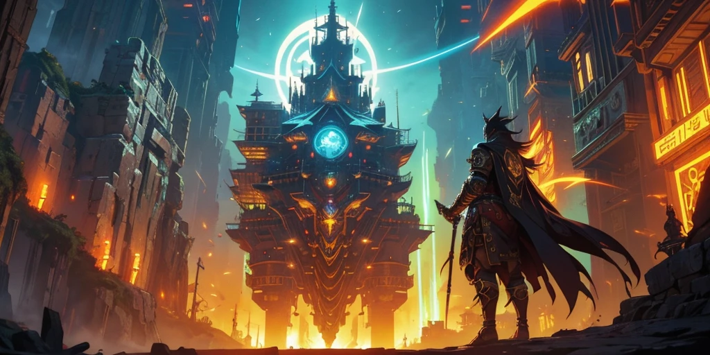 Ancient anime style, artbook, comicbook, RPG, futuristic medieval. Goblin God, with human face with glowing tribal magic tattoos, neon details, with technological tribal armor with glowing magic marks, full body, bare feet, spear with glowing magic marks. Epic scene, wide and deep scenery, with several depth planes, stylish and dynamic pose. In the middle of a magical steampunk technological village, mixing technology and vegetation, buildings with neon details and glowing magical vegetation, magical technological airships with shiny details inspired by ships flying in the sky.