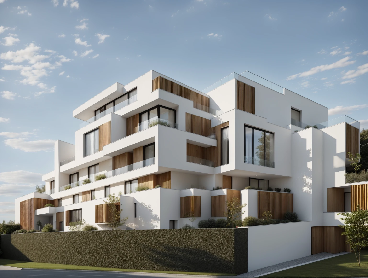 1 bâtiment moderne dont les principaux matériaux sont des murs blancs et du bois, avec des accents, Conception minimaliste, chef-d'œuvre, haute qualité, détails réels:1.3, coucher de soleil:1.3, ((éclairage dynamique:1.3) )), éclairage parfait, ciel chatoyant:1.2, grande cour, ambiance moderne, 1 voiture noire:1.3, behance.filet,luminosité de la lumière chaude de l'intérieur:1.4