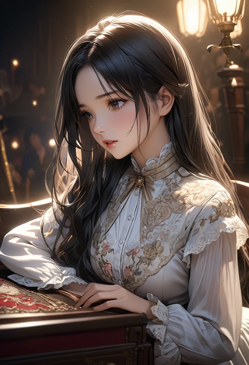 masterpiece、high quality、High resolution、Detailed drawn、Cinema lighting、Realistic、(One beautiful girl)、(Black Hair、Long Hair、Bangedium chest、Victorian Blouse、Gorgeous embroidery、2.5D