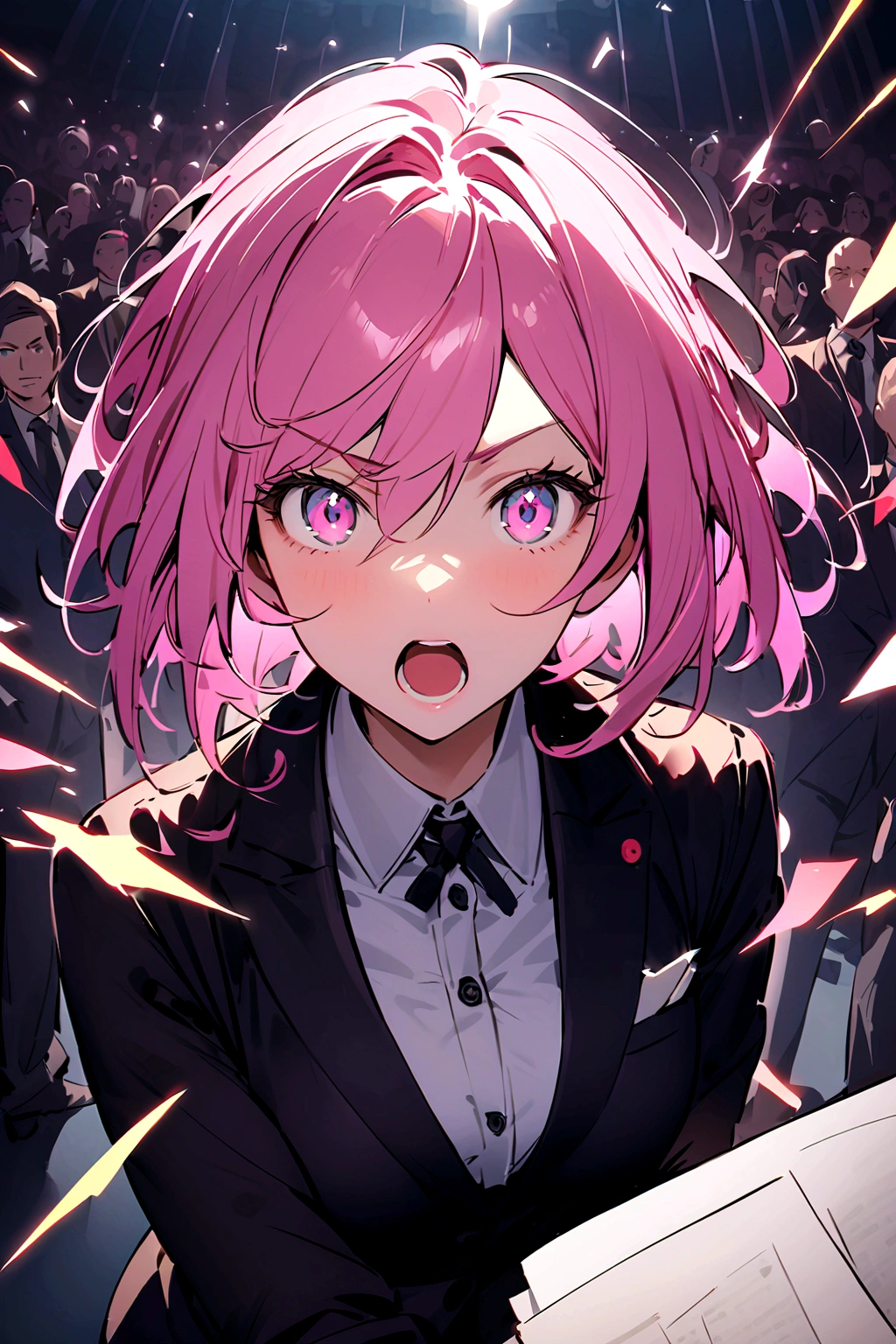 Pink Hair Woman、In a suit、Documents in one hand、Speak eloquently、Court、Speak out loud、Open your mouth wide、Eyes are serious