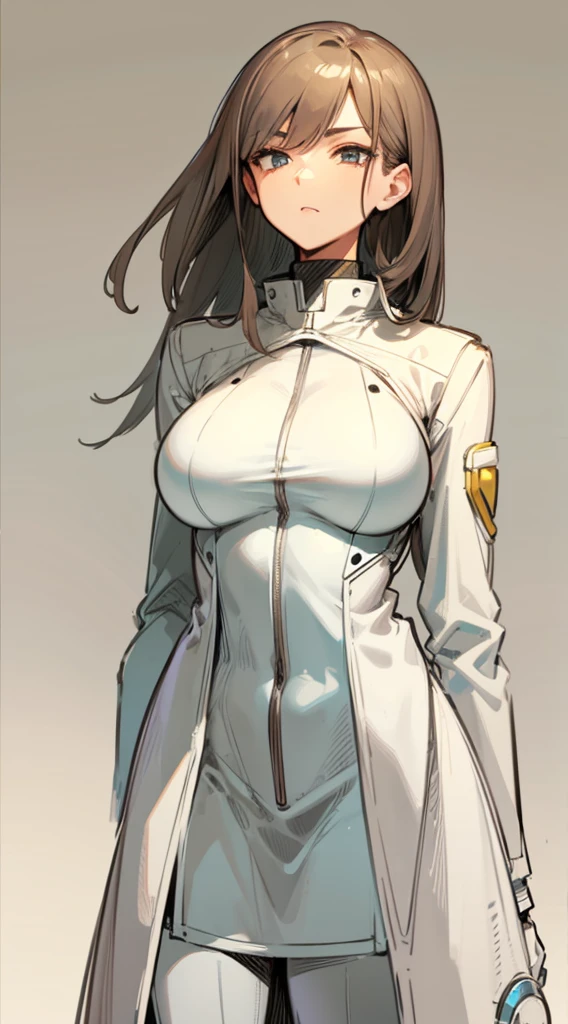 Sci-fi style, young woman aged 20, dark brown hair, fair skin, slender face, best lighting and shading, background in light gray gradient from dark to light, wearing a white coat suit, inner outfit is a tight-fitting white space casual suit with detailed designs similar to the prototype, full-body image, highly detailed, slim and slender figure, F-cup bust size and Big size, detailed lines, weight 50 kilograms, Anime Style