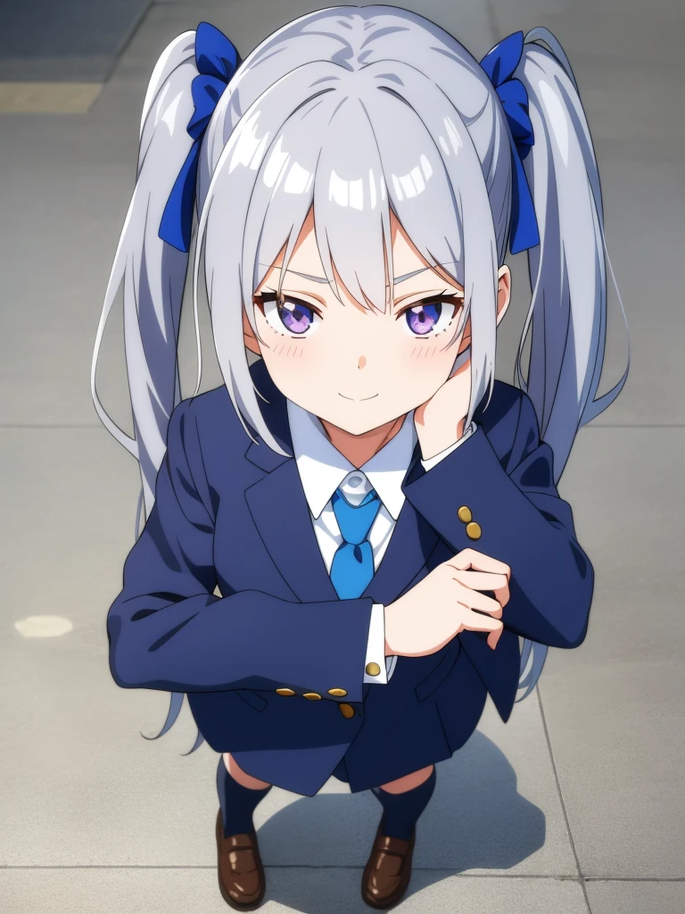 1girl, anime girl, silver hair, long twintails, silver eyes, dark blue school suit, closed mouth small smile