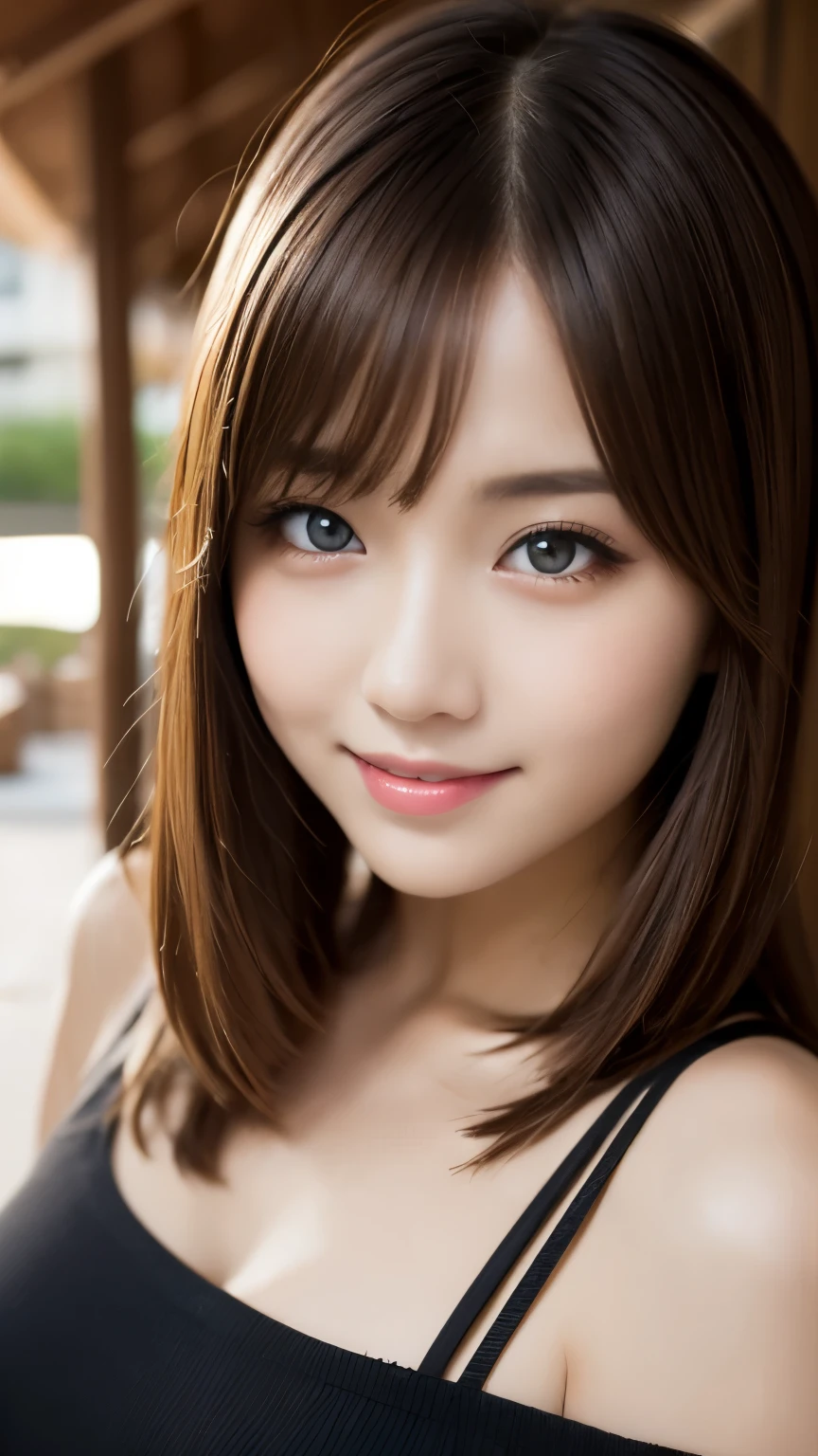 Tabletop, Highest quality, shape, Very detailed, finely, High resolution, 8k wallpaper, 完璧なダイナミックな構shape, Beautiful and beautiful eyes, Feminine girl fashion,brown hair straight long,Huge 、Bangs covering one eye、Natural color lip, Bold sexy pose,smile,Harajuku、20-year-old girl、cute、sexy shot looking at camera、Waist up shot、On the terrace of a resort hotel、Outdoor soft natural light