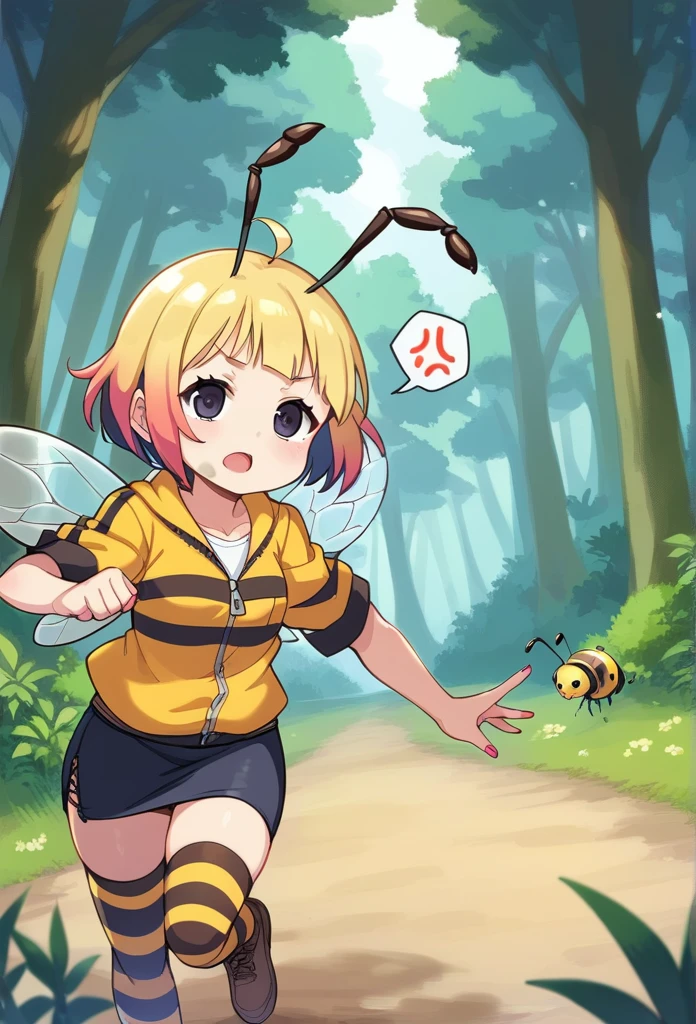 score_9, score_7_up, score_6_up, 1girl, source_cartoon, source_anime,breathtalking Scenery,watercolor,smooth soft skin, natural skin,anime screencap,mjm,rating_questionable,
BREAK
1girl,(solo:1.2),(hornet girl:1.4), bee girl,(little female child:1.3), (loli:1.3),6 yo, kawaii,baby face,small breast, cute face,oily skin,(Phat ass:0.8)
BREAK
(black bob cut:1.4),(yellow gradient hair:1.2),(yellow dip-dye hair:1.1),(black lob hair:1.2),ahoge,highlight on eyes,(nail_polish:1.1), black eyes,beautiful eyes, detailed eyes, puffy eyes,
BREAK
(bee antennae:1.3), (PVC material Extremely small bee wings:1.1), (bee wings:1.1),symmetry bee wings, anger vein,anguish,(spoken squiggle:1.5),spoken anger
BREAK
belt buckle,jacket, zip up, (pencil Skirt:1.1),(yellow striped black stockings:1.3),pierce,chain accessory,punk rock, croped shirt
BREAK
isometric,dutch angle,(deep forest,dirty forest,darkness:1.2),(running:1.3),dynamic running,dynamicangle,In a secluded setting, surrounded by a dense forest, the bog lay hidden like a secret gem, its misty surface whispering tales of ancient times,misty,deep forest,