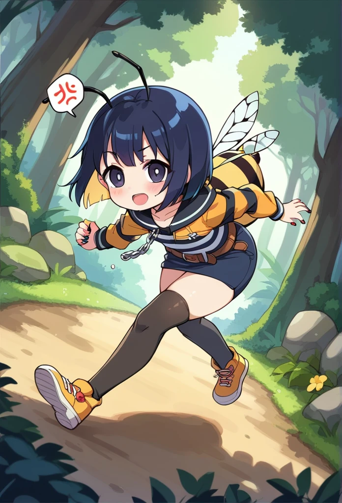score_9, score_7_up, score_6_up, 1girl, source_cartoon, source_anime,breathtalking Scenery,watercolor,smooth soft skin, natural skin,anime screencap,mjm,rating_questionable,
BREAK 
1girl,(solo:1.2),(hornet girl:1.4), bee girl,(little female child:1.3), (loli:1.3),6 yo, kawaii,baby face,small breast, cute face,oily skin,(Phat ass:0.8)
BREAK 
(black bob cut:1.4),(yellow gradient hair:1.2),(yellow dip-dye hair:1.1),(black lob hair:1.2),ahoge,highlight on eyes,(nail_polish:1.1), black eyes,beautiful eyes, detailed eyes, puffy eyes,
BREAK 
(bee antennae:1.3), (PVC material Extremely small bee wings:1.1), (bee wings:1.1),symmetry bee wings, anger vein,anguish,(spoken squiggle:1.5),spoken anger 
BREAK
belt buckle,jacket, zip up, (pencil Skirt:1.1),(yellow striped black stockings:1.3),pierce,chain accessory,punk rock, croped shirt
BREAK 
isometric,dutch angle,(deep forest,dirty forest,darkness:1.2),(running:1.3),dynamic running,dynamicangle,In a secluded setting, surrounded by a dense forest, the bog lay hidden like a secret gem, its misty surface whispering tales of ancient times,misty,deep forest,