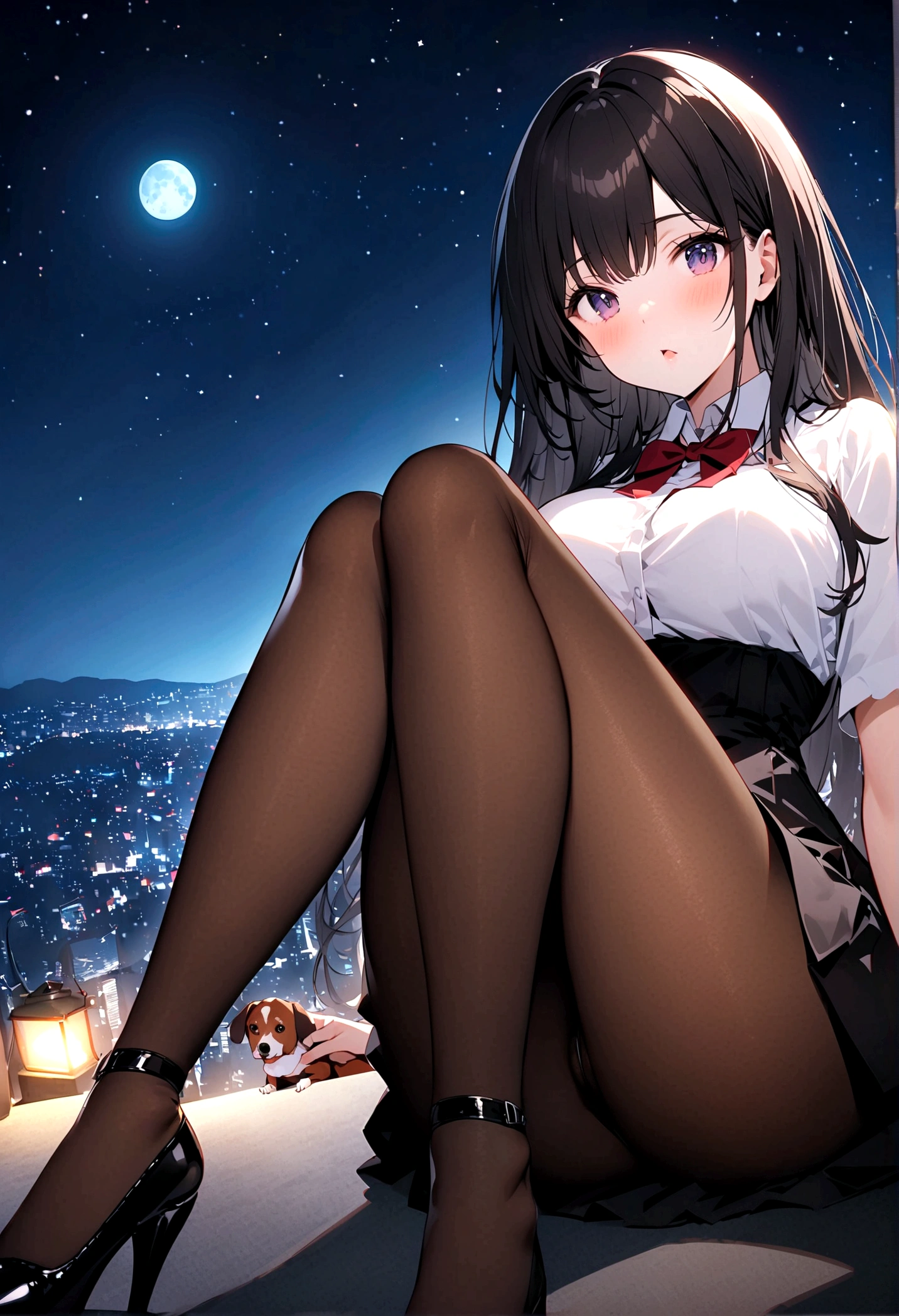 Dog 1、Woman 1、Red miniature dachshund、Red miniature dachshund long hair、dog&#39;color is red、woman with very long black hair、Busty women、Spectacular views、Night Scene、The view from the top of the hill、Full moon night sky、swirling starry sky、８K、Best Quality、詳しいdogの顔、The woman is facing the opposite direction、Ria、I can't see a woman's face、The whole body is in the photo、Like the night view of Tokyo、The woman is wearing a miniskirt and her crotch is visible.、Pantyhose legs