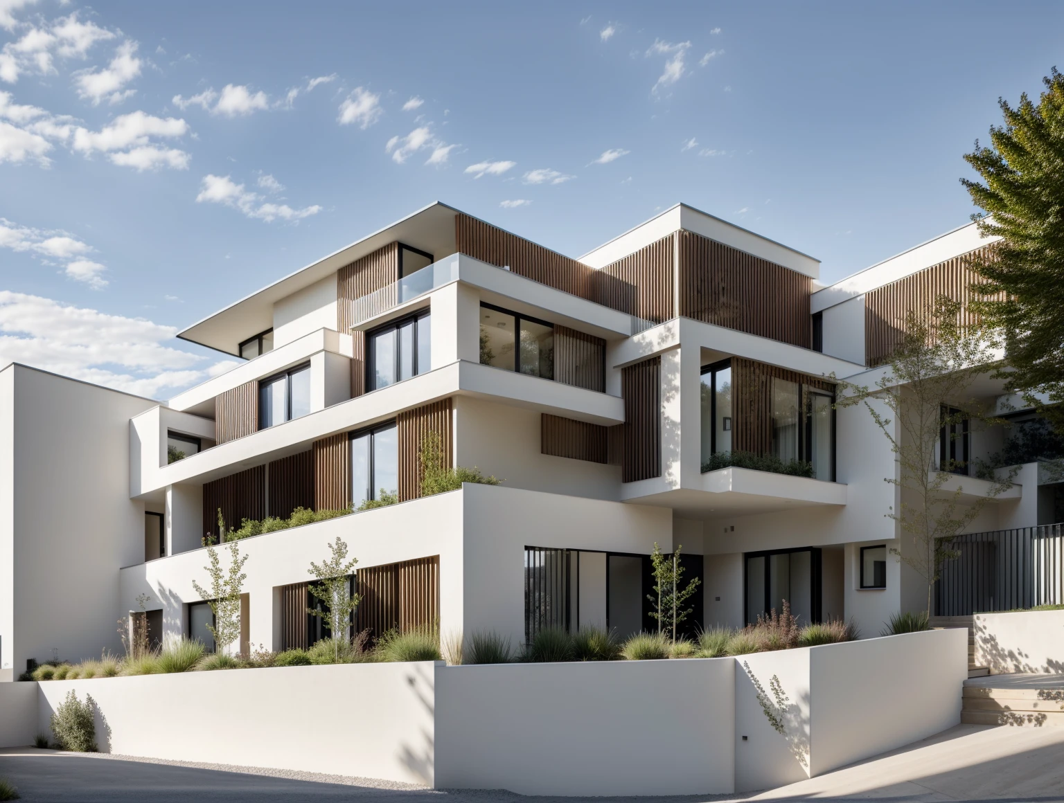1 bâtiment moderne dont les principaux matériaux sont des murs blancs et du bois, avec des accents, Conception minimaliste, chef-d'œuvre, haute qualité, détails réels:1.3, coucher de soleil:1.3, ((éclairage dynamique:1.3) )), éclairage parfait, ciel chatoyant:1.2, grande cour, ambiance moderne, 1 voiture noire:1.3, behance.filet,luminosité de la lumière chaude de l'intérieur:1.4
