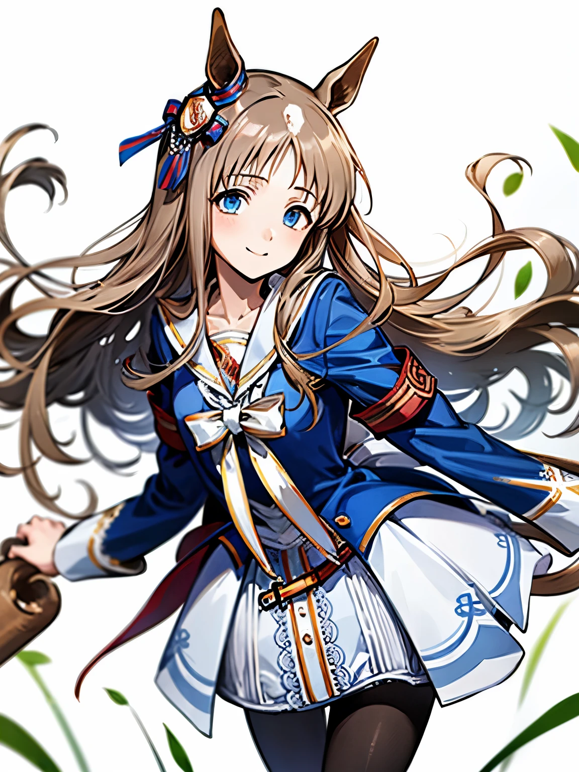 grass wonder \(Umamusume\), 1 girl, Solo, Best Quality, masutepiece, 8K, High resolution, Ultra-detailed, light smile, reach arm for viewer, Blue jacket, White sailor color, Long sleeves, White skirt, Black pantyhose,