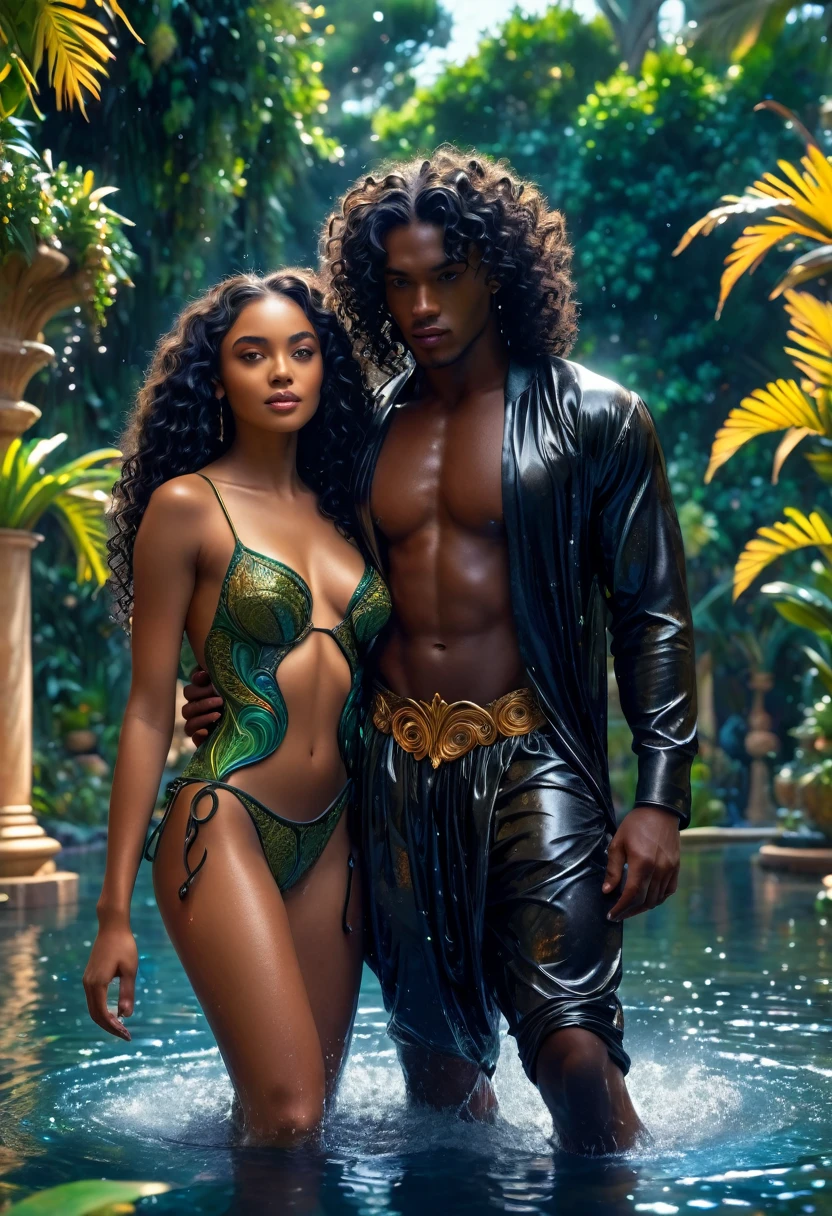 Novel in futurist kingdom of Africa, in the luminous lake and garden, a beautiful young darkskin couple with (((a long black curly hair young Candace))) with (((a young imperial king with curly black hair))), they playing in water, with desire, hot couple, (((very beautiful))), perfect faces, whole body, romantic scene, romantic Way, sexy couple, 8K, extremely detailed, (high quality, realistic, photorealistic: 1.37), Full body, ideal proportions and defined complexion, meticulously crafted features, unreachable beauty, perfection, artistic masterpieces, vivid realism, hyper-detailed sculptures, life-like forms, truly awe-inspiring, impeccable craftsmanship, pure radiance, ethereal beauty, delicate contours, striking poses, sublime beauty, subtle nuances, dynamic compositions, vibrant colors, perfect lighting, soulful expressions, celestial aura, majestic presence, dreamlike atmosphere, unmatched gdetailed octane render trending on artstation, 8 k artistic photography, photorealistic concept art, soft natural volumetric cinematic perfect light, chiaroscuro, award - winning photograph, masterpiece, oil on canvas, beautiful detailed intricate insanely, erect veins member
