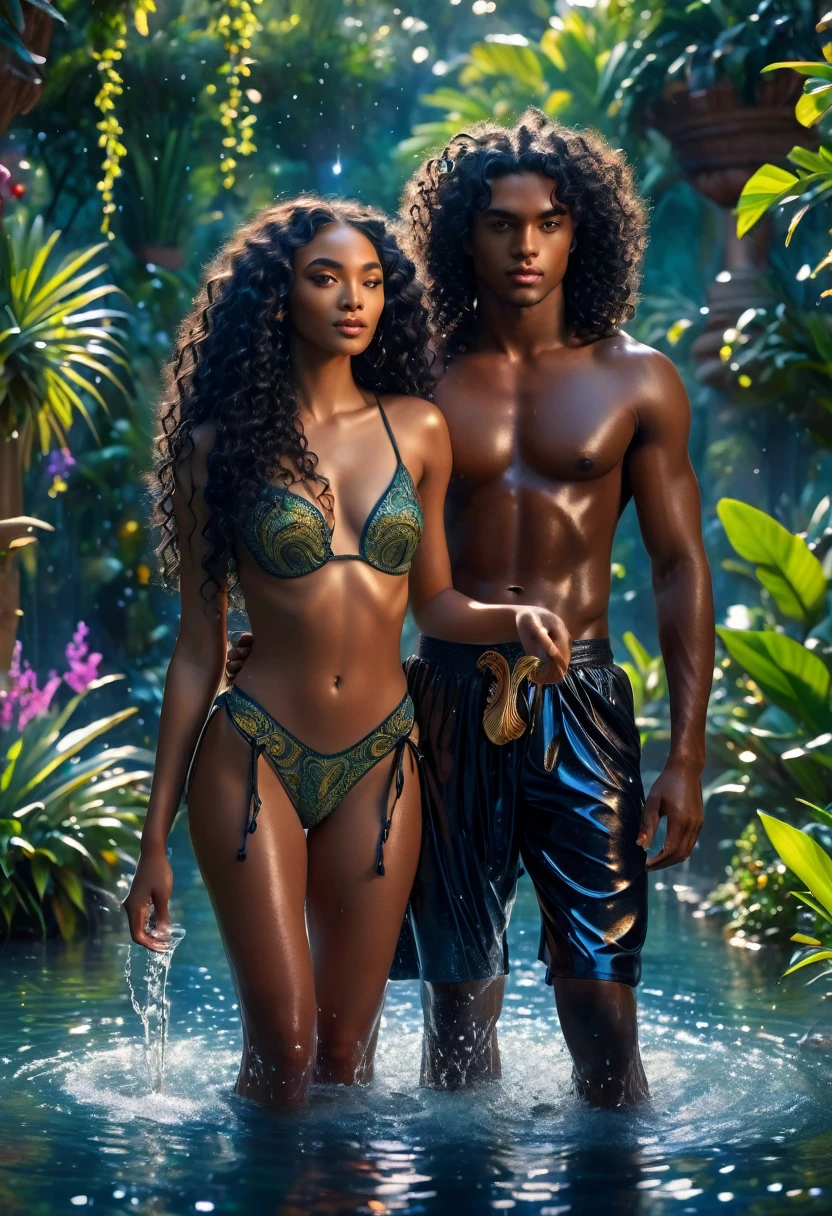 Novel in futurist kingdom of Africa, in the luminous lake and garden, a beautiful young darkskin couple with (((a long black curly hair young Candace))) with (((a young imperial king with curly black hair))), they playing in water, with desire, hot couple, (((very beautiful))), perfect faces, whole body, romantic scene, romantic Way, sexy couple, 8K, extremely detailed, (high quality, realistic, photorealistic: 1.37), Full body, ideal proportions and defined complexion, meticulously crafted features, unreachable beauty, perfection, artistic masterpieces, vivid realism, hyper-detailed sculptures, life-like forms, truly awe-inspiring, impeccable craftsmanship, pure radiance, ethereal beauty, delicate contours, striking poses, sublime beauty, subtle nuances, dynamic compositions, vibrant colors, perfect lighting, soulful expressions, celestial aura, majestic presence, dreamlike atmosphere, unmatched gdetailed octane render trending on artstation, 8 k artistic photography, photorealistic concept art, soft natural volumetric cinematic perfect light, chiaroscuro, award - winning photograph, masterpiece, oil on canvas, beautiful detailed intricate insanely, erect veins member
