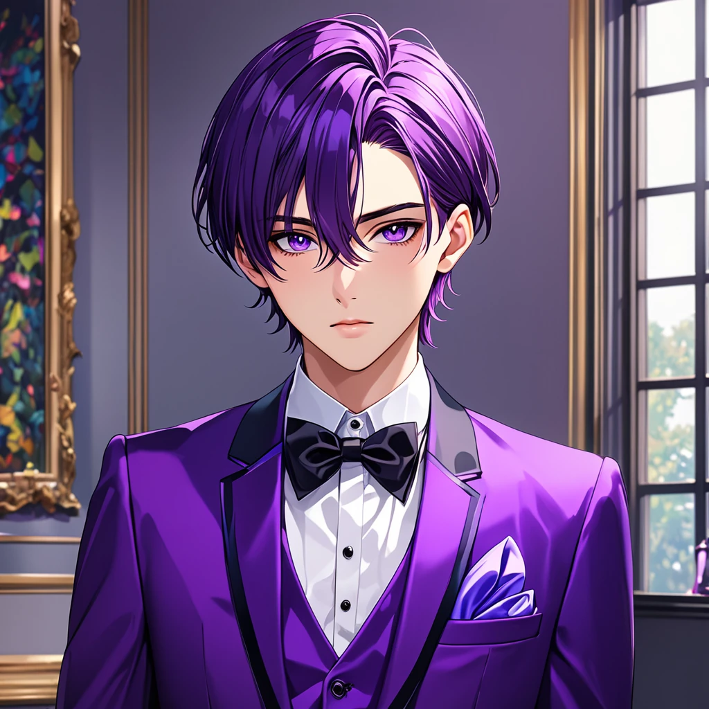 work of art, best qualityer, high resolution, Teenage man, purple short straight hair, vibrant purple eyes, rigid feature, formal clothes.