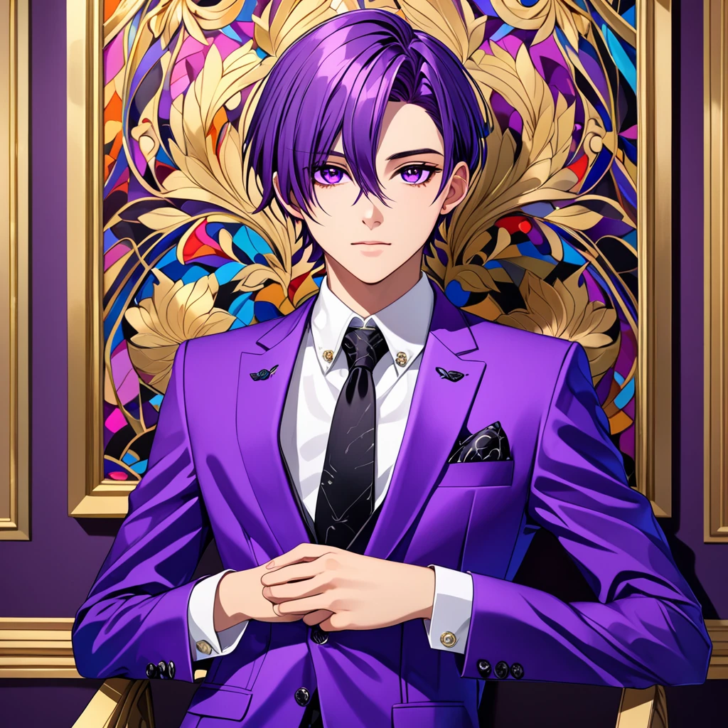 work of art, best qualityer, high resolution, Teenage man, purple short straight hair, vibrant purple eyes, rigid feature, formal clothes.