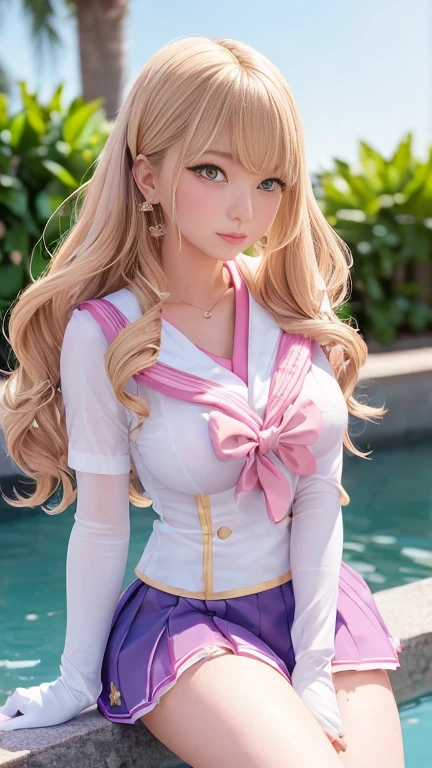 close, 1 Girl, Sailor, tsukino usagi, (Sailor chiseki uniform:1.2),Wet, See-through top, (Aqua Eye:0.9), Blonde, Medium Hair, Wedge skirt, Highest quality, Earrings, masterpiece, High resolution, Intricate details, (Realistic)), photograph, (white elbow gloves:1.1), jewelry, Medium chest, whole body, Dynamic Background, Dynamic pose, white