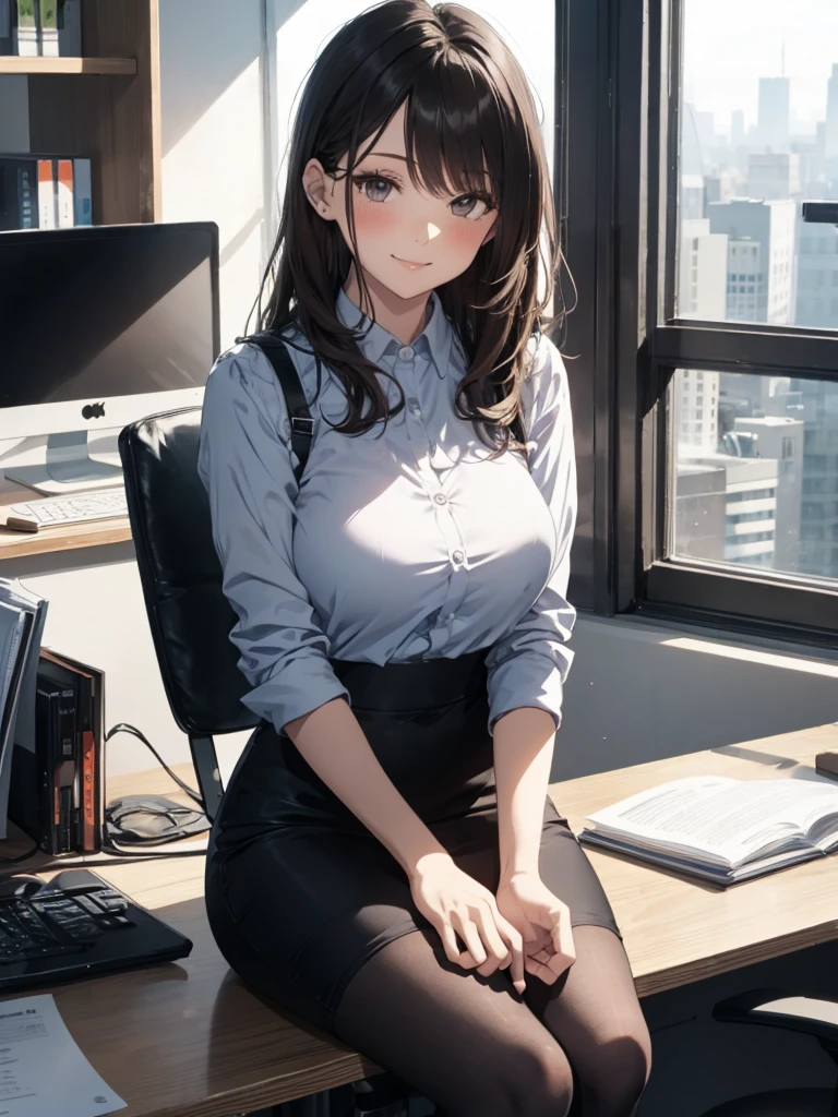 1lady sitting (crossed legs), office worker (stylish outfit), (gray vest) (pencil skirt), mature female, /(dark brown hair/) bangs, blush kind smile, (masterpiece best quality:1.2) delicate illustration ultra-detailed, large breasts, pantyhose BREAK (modern office indoors), window cityscape, detailed background