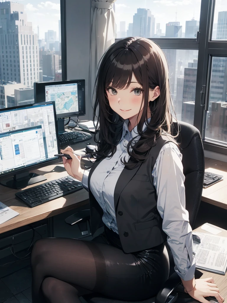 1lady sitting (crossed legs), office worker (stylish outfit), (gray vest) (pencil skirt), mature female, /(dark brown hair/) bangs, blush kind smile, (masterpiece best quality:1.2) delicate illustration ultra-detailed, large breasts, pantyhose BREAK (modern office indoors), window cityscape, detailed background