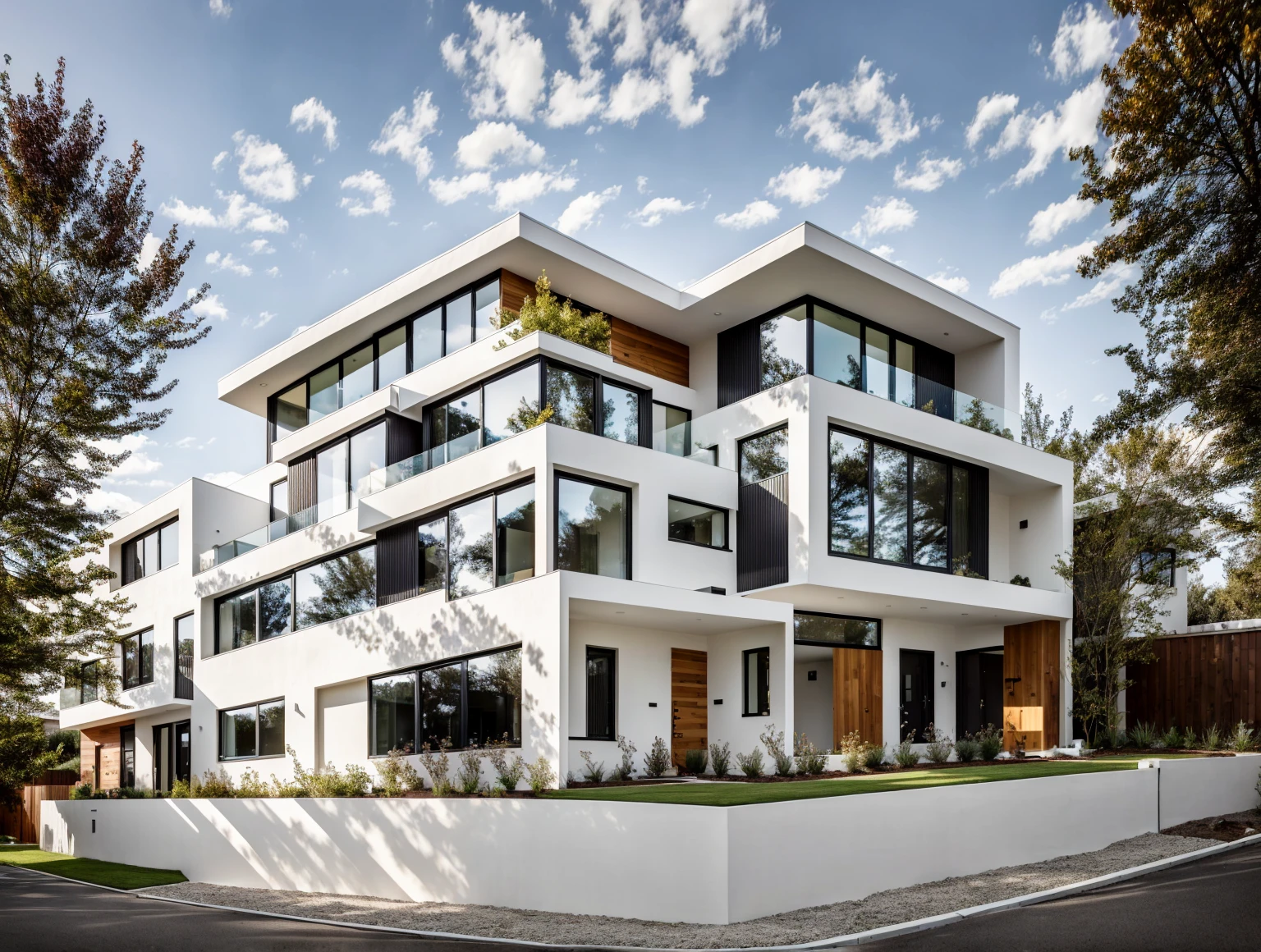 1 MODERN house, cafe area:1.4, main material by white wall and wood, large yard, 1 road passes in front of the house,  (Photo brute, real, best quality, head of&#39;artwork:1.2), avoir l&#39;modern and minimalist look, 1 route devant la maison, lumière annulaire Shime, brightness of light&#39;interior:1.2, dynamic lighting:1.3, (hyper realistic, photo-realistic:1.2), High quality, (dark lighting:1.2), perfect lighting, archquotidiennement