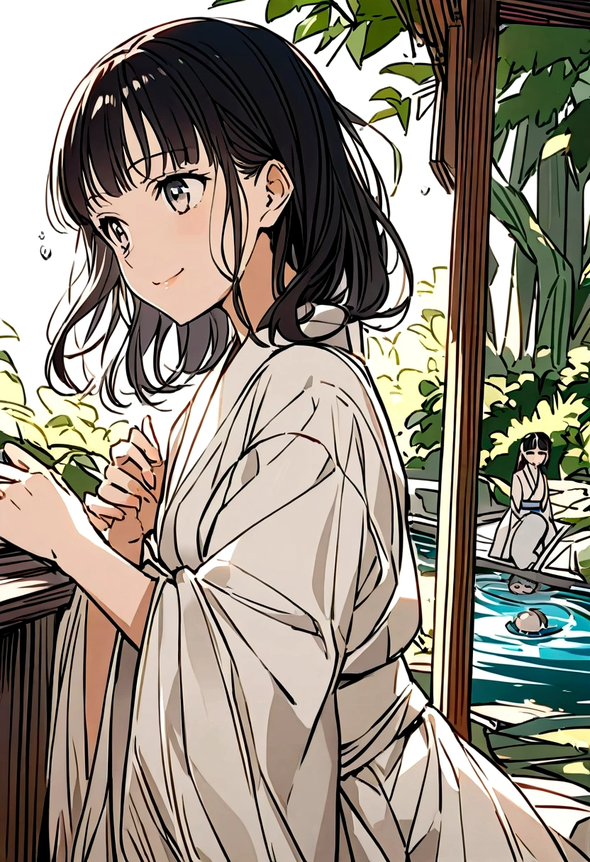 Yukiko sat by the pond in the garden. Her white kimono stood out beautifully against the green of the garden. She quietly watched the surface of the pond, enjoying the sight of the fish swimming.
A gentle smile played on Yukiko's face, and her eyes gazed into the distance. Each time the wind blew, her hair swayed lightly. Yukiko's posture was perfectly graceful, and her very presence symbolized tranquility and beauty.
"What are you thinking about, Sister Yukiko?" Taeko asked as she approached.
Yukiko looked up and smiled. "I'm just watching the fish. It's very soothing," she replied. Her voice was soft, like the spring breeze.
Satisfied with the answer, Taeko sat down next to Yukiko. For a while, they shared a quiet moment without saying anything. Yukiko's presence provided a sense of peace for Taeko as well.