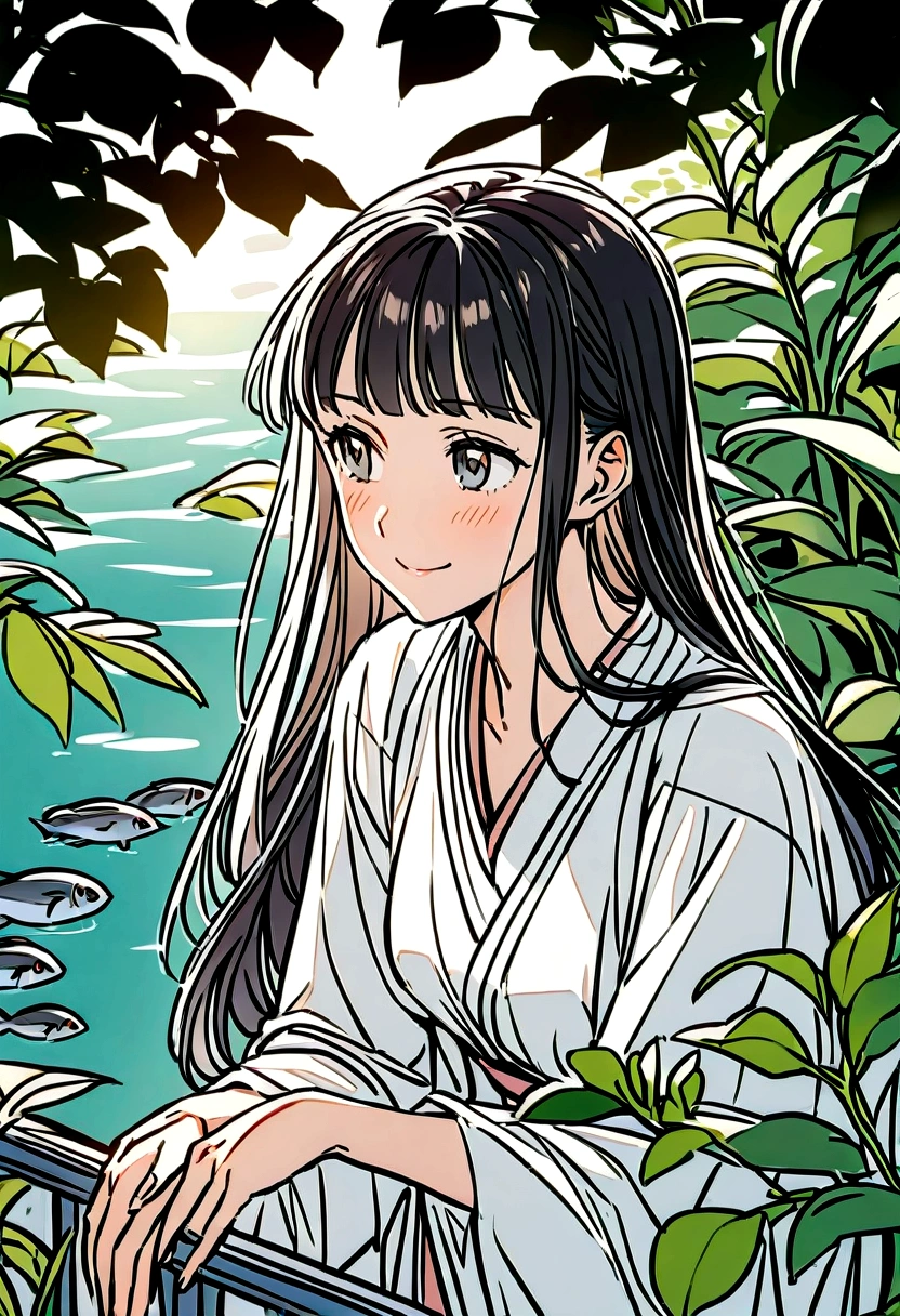 Yukiko sat by the pond in the garden. Her white kimono stood out beautifully against the green of the garden. She quietly watched the surface of the pond, enjoying the sight of the fish swimming.

A gentle smile played on Yukiko's face, and her eyes gazed into the distance. Each time the wind blew, her hair swayed lightly. Yukiko's posture was perfectly graceful, and her very presence symbolized tranquility and beauty.

"What are you thinking about, Sister Yukiko?" Taeko asked as she approached.

Yukiko looked up and smiled. "I'm just watching the fish. It's very soothing," she replied. Her voice was soft, like the spring breeze.

Satisfied with the answer, Taeko sat down next to Yukiko. For a while, they shared a quiet moment without saying anything. Yukiko's presence provided a sense of peace for Taeko as well.