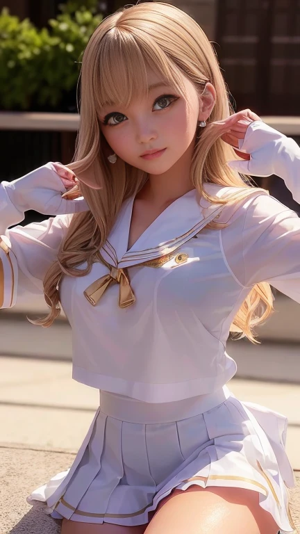 close, 1 Girl, Sailor, tsukino usagi, (Sailor chiseki uniform:1.2),Wet, See-through top, (Aqua Eye:0.9), Blonde, Medium Hair, Wedge skirt, Highest quality, Earrings, masterpiece, High resolution, Intricate details, (Realistic)), photograph, (white elbow gloves:1.1), jewelry, Medium chest, whole body, Dynamic Background, Dynamic pose, white