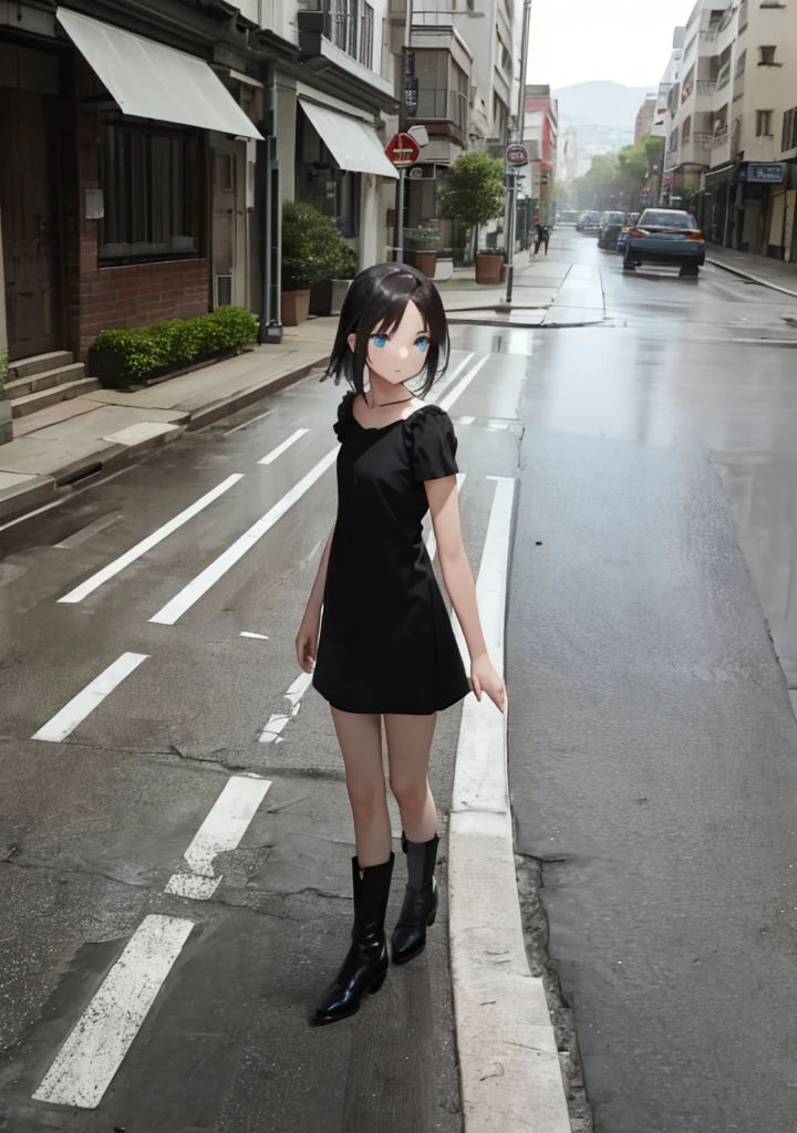 (Best quality, masterpiece:1.5), one with black hair, black boots, short black dress and blue eyes on a street alone