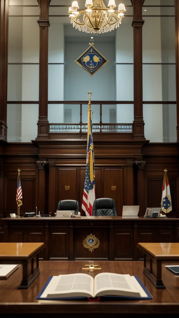 ((best quality)), ((masterpiece)), (detailed), (cinematic shot), (blurred background), An office space with the justice symbol on top of a table, with the flag of "Tribunal de Justiça de Santa Catarina" on the side