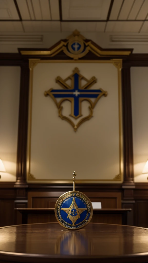 ((best quality)), ((masterpiece)), (detailed), (cinematic shot), (blurred background), An office space with the justice symbol on top of a table, with the flag of "Tribunal de Justiça de Santa Catarina" on the side