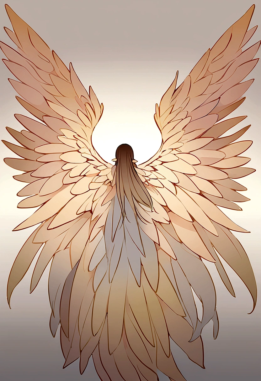 Create a highly detailed image of a pair of wings, with a sleek and elegant design. The wings should be spread out wide, with intricate feather details that convey a sense of lightness and grace. The feathers should transition from a darker shade at the base to a lighter shade towards the tips, giving a subtle gradient effect. The background should be minimalistic, allowing the wings to stand out prominently. The image should be in a rectangular format with dimensions of 250x112 pixels.