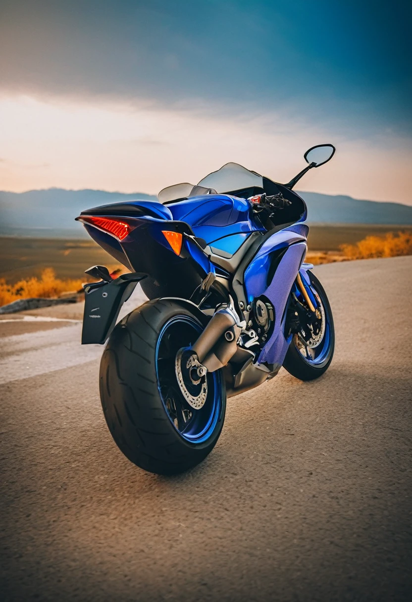 blue Yamaha YZF-R7, cinematic camera angle, phone wallpaper, masterpiece quality, cinematic photography