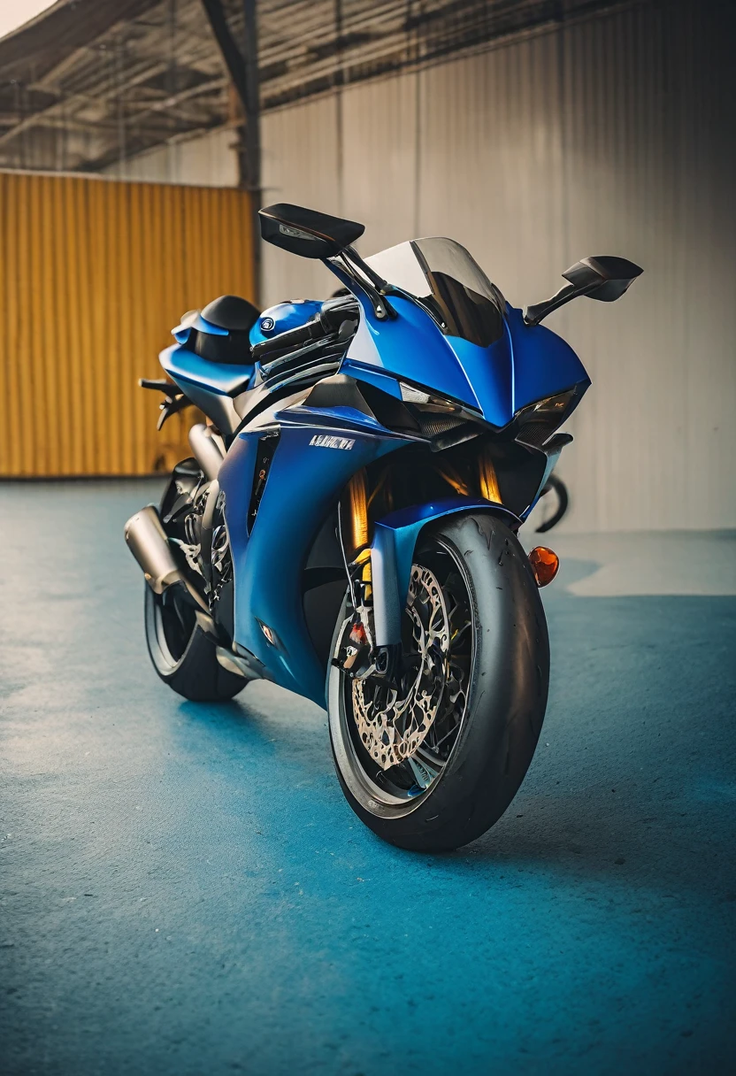 blue Yamaha YZF-R7, cinematic camera angle, phone wallpaper, masterpiece quality, cinematic photography