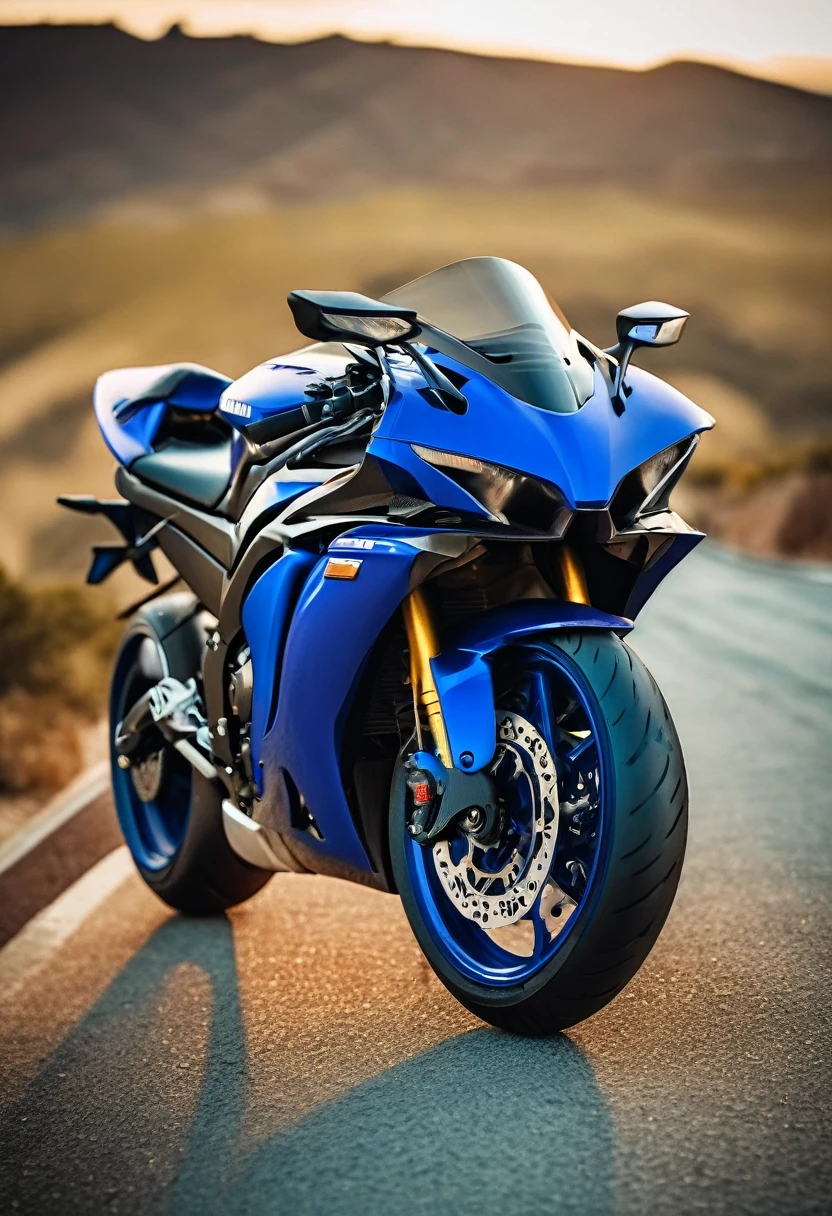 blue Yamaha YZF-R7, cinematic camera angle, phone wallpaper, masterpiece quality, cinematic photography