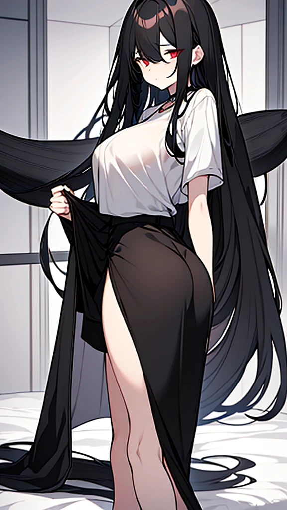 1woman, tall body, long black messy hair, perfect eyes, red eyes, baggy eyes, sleepy face, black necklace, black oversize shirt with white details, blue shorts, long black stockings, white shoes, big breasts, big ass, room background