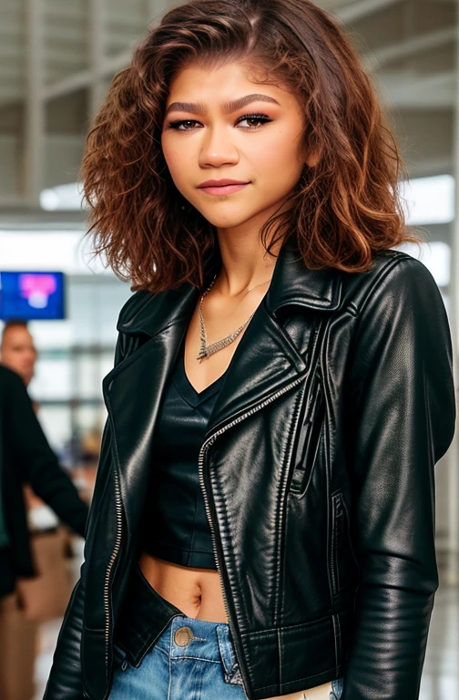 Zendaya with leather jacket, Zendaya is at the airport, (photo raw), photo in the foreground of a sexy Zendaya, posing, looking at the viewer, smiling, pink hair, beautiful young face, 18 me, (backlit: 1.3), (kinematic: 1.3), intricate details, (artstation: 1.2), (freckles: 0.9), detailed eyes, micro details, fuji XT3, photorealist, photorealism, Zendaya is at an airport, people in the background, photo taken halfway 