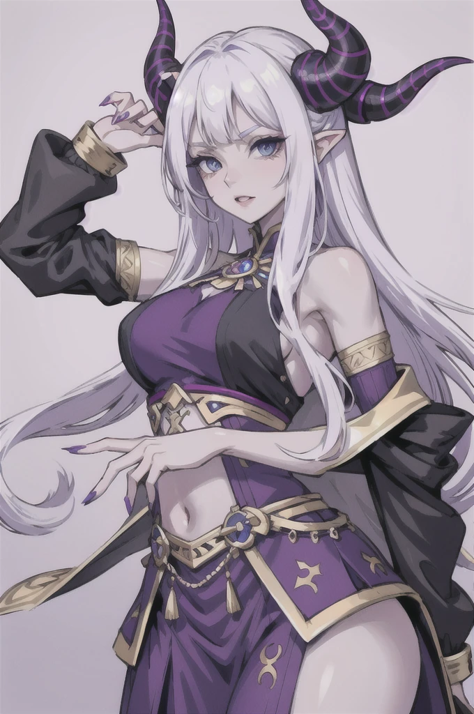 Make a girl with horns warrior outfit white curly hair horns sharp nails pale skin blue eyes half purple