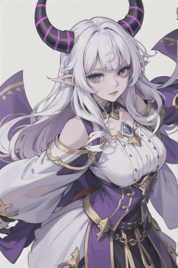 Make a girl with horns warrior outfit white curly hair horns sharp nails pale skin blue eyes half purple