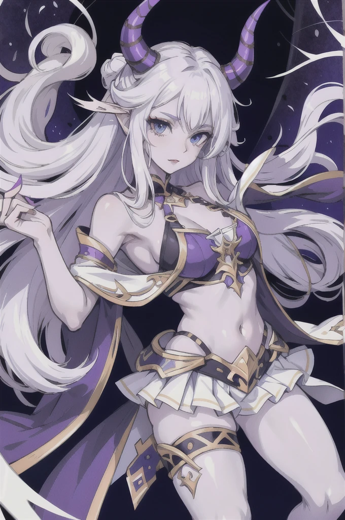 Make a girl with horns warrior outfit white curly hair horns sharp nails pale skin blue eyes half purple