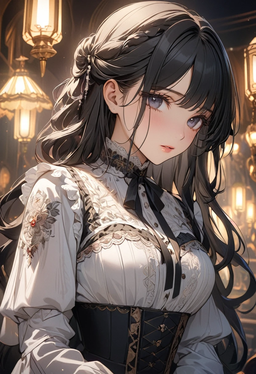 masterpiece、high quality、High resolution、Detailed drawn、Cinema lighting、(One beautiful girl)、(Black Hair、Long Hair、Bangedium chest、Fascinating、Victorian Blouse、Gorgeous embroidery、Look at me