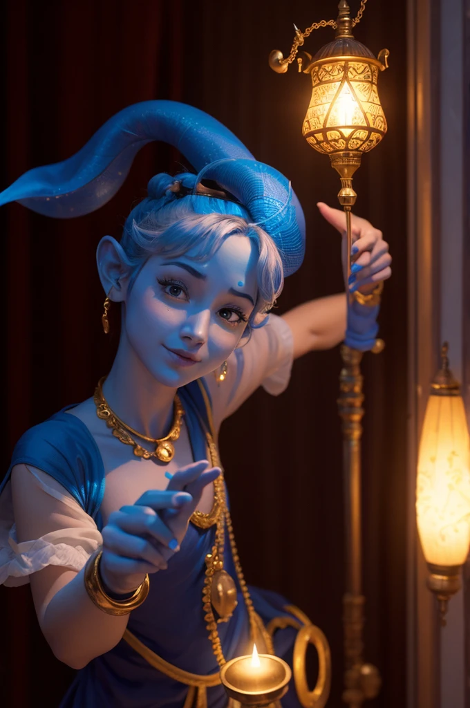 A genie in the lamp, glad , indicating with the hand