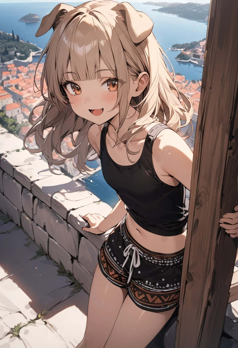 ((Masterpiece)), ((best quality)), (Anime:1.3), (super detail:1.2), (High Definition:1.3), (Professional Photography:1.3), (wide shot), (very aesthetic:1.2), (absurdres:1.2), (sharp focus), (perfect light), (()), 8K, Glossy skin, cinematic lighting, 1girl, (Knit fabric tank top), (Tribal boxer shorts), (Cute innocent teenage girllendar body, (Healthy body), small breast, glossy medium hair, (loose blunt bangs), ((:d)), open mouth, (naughty smile), beautiful collarbones, (slightly exposed shoulders), (dog ears), pale brown hair, Hair that flutters in the wind, BREAK, ((best quality)), (very aesthetic:1.2), (absurdres:1.2), (Leaning against the decorated low Parapet), (Dubrovnik townscape), summerday, Beautiful Adriatic Sea,