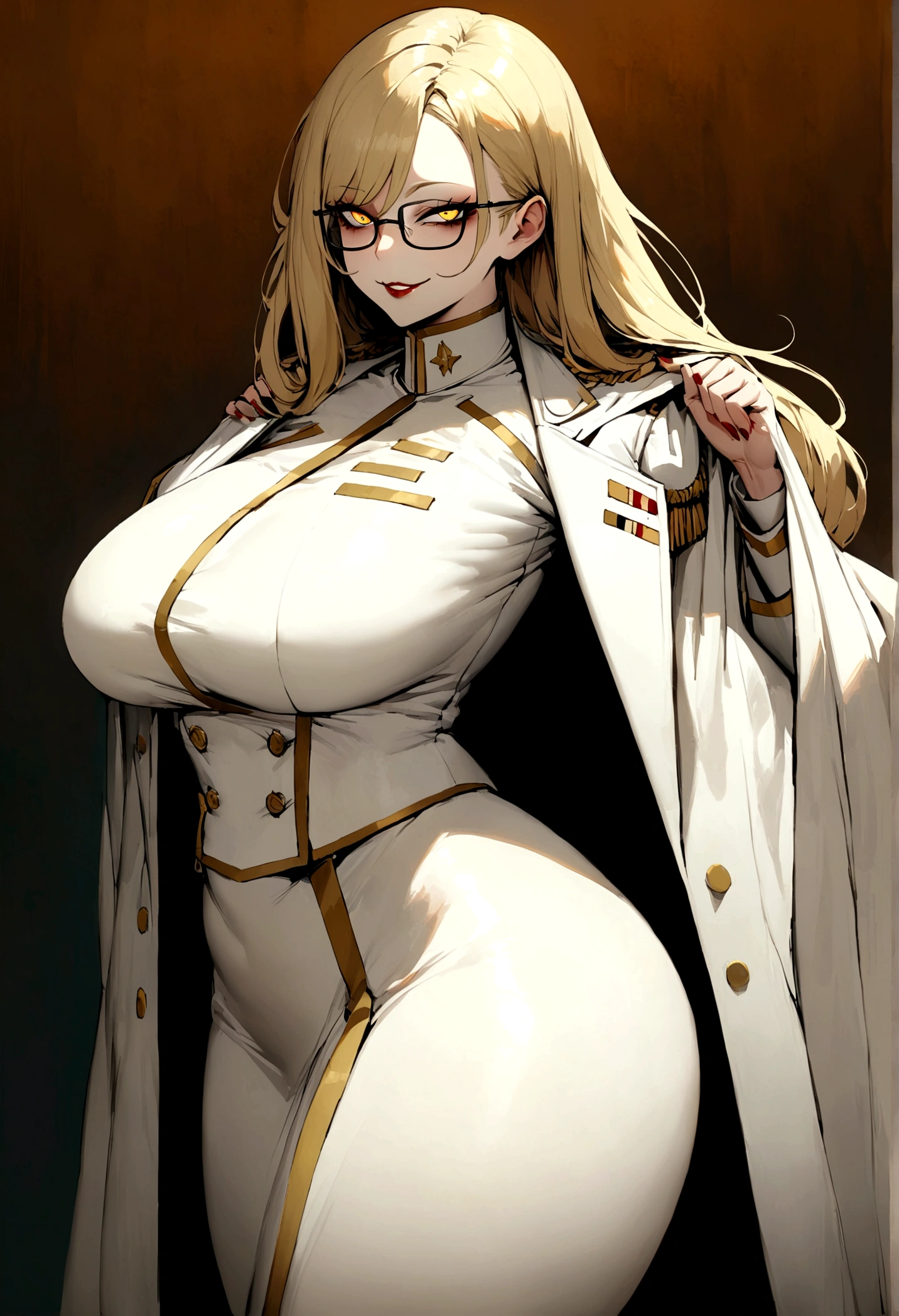 tall woman, volumptious body, long blonde hair, glasses, seductive smile, evil smile, evil eyes, yellow eyes, white military uniform, white coat hanging on the shoulder