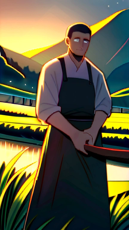 Sure, here is the revised prompt with a European name:
---
A small, picturesque village with lush green fields and quaint houses. In the middle of a field with golden crops swaying in the gentle breeze, a middle-aged farmer named Thomas stands. He has a weathered face and a kind expression, wearing simple, traditional European farming clothes. Thomas's eyes are deep-set, reflecting years of hard work, and his hands are calloused. He holds a farming tool. The sun is setting in the background, casting a warm, golden hue over the scene. Thomas's expression is one of contentment and dedication as he surveys his land, embodying the spirit of hard work and integrity.
---