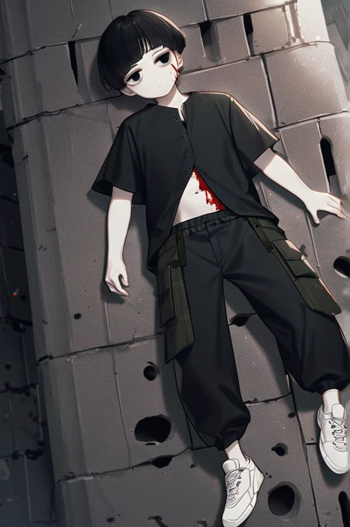 ((Лучшее качество)), ((шедевр)), (подробный), guy, short jet black short hair, bangs on the eye, one-eyed, (one-eyed:1,9), bright brown eyes, thick black eyebrows, thick black eyelashes, blank stare, staring at nothing, blood on his face, normal build, black unbuttoned robe, white bloody t-shirt, torn t-shirt, hole in his stomach, through bloody wound on his stomach, bleeding, open wound, cargo pants black, white sneakers, hammered into a steel wall, lying on his back, dying, black eyes , bloody wall