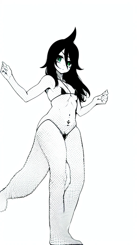 1girl, ((young girl)), white skin, (thin waist), ((curvy)), ((wide hips)), ((small size)), hot, full body, (((micro bikini))), large tatoo, big long black hair, tomoko, sexy, slim figure, Detailed eyes, Detailed face, Detailed eyes, tomoko kuroki, watamote, ((bare arms))