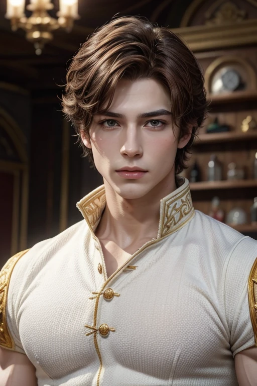 Create the image of a realistic prince, brunette color, with white clothes, short red hair, brown eyes and big muscles.