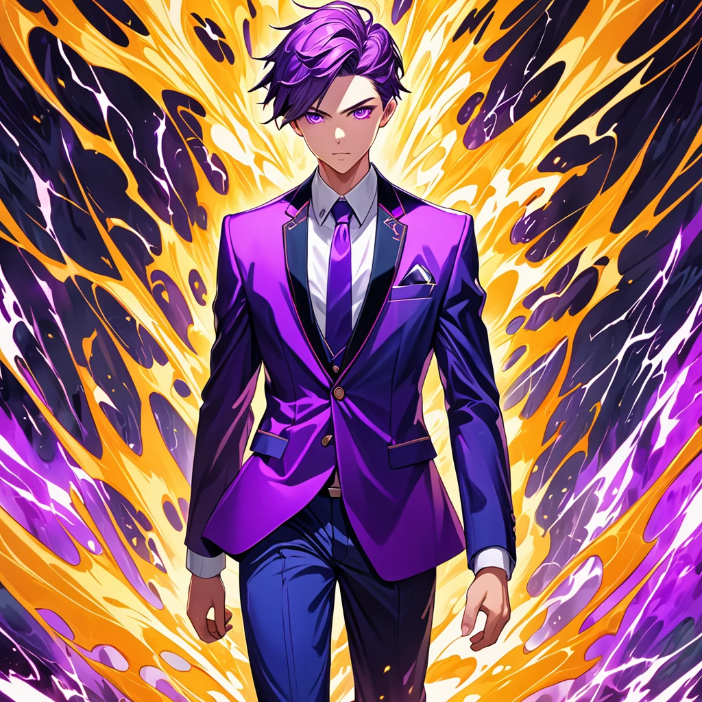 work of art, best qualityer, high resolution, Teenage man, purple short straight hair, vibrant purple eyes, shock elemental power, rigid feature, formal clothes.