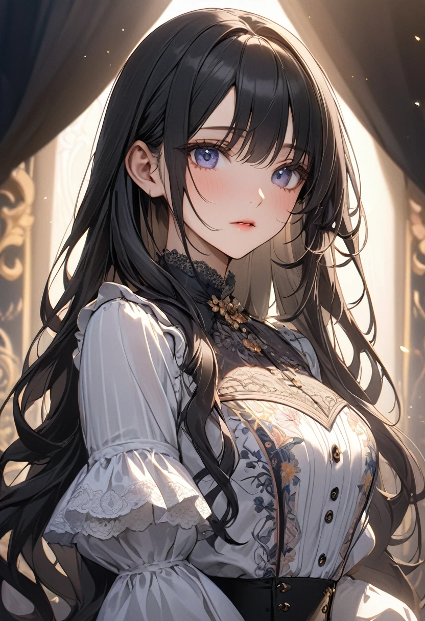 masterpiece、high quality、High resolution、Detailed drawn、Cinema lighting、Detailed eyes、Fine skin、(One beautiful girl)、(Black Hair、Long Hair、Bangedium chest、Fascinating、Victorian Blouse、Gorgeous embroidery、Look at me