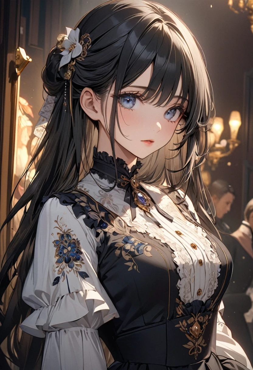 masterpiece、high quality、High resolution、Detailed drawn、Cinema lighting、Detailed eyes、Fine skin、(One beautiful girl)、(Black Hair、Long Hair、Bangedium chest、Fascinating、Victorian Blouse、Gorgeous embroidery、Look at me