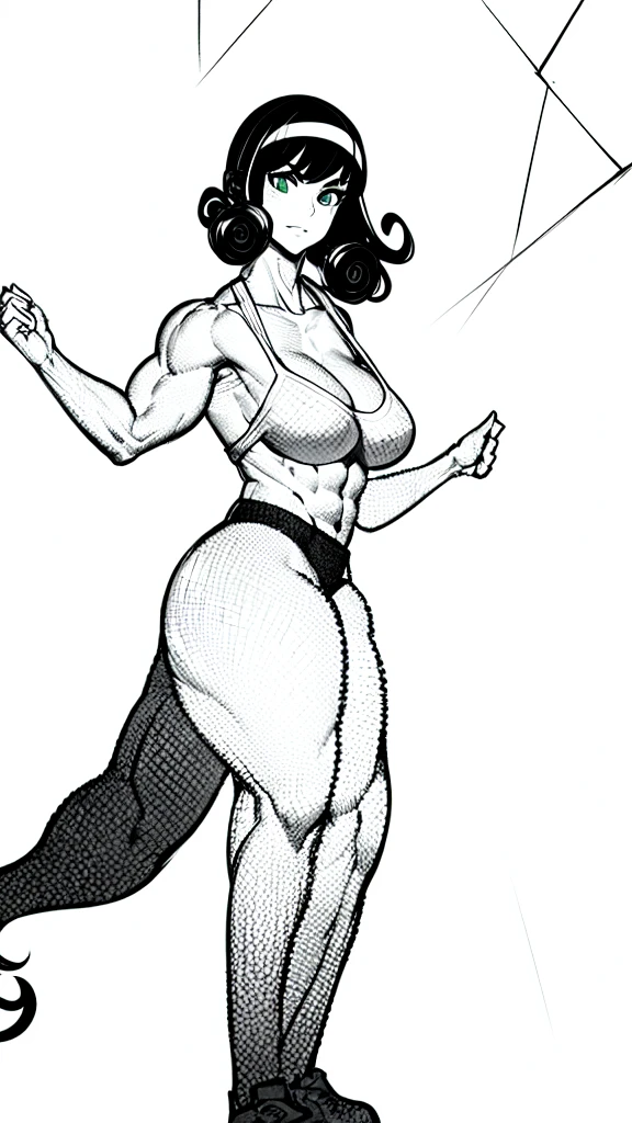 a drawing of a woman in a black sport shorts, muscular abs girl, female arms character, sci-fi, feminine and muscular, makoto, white, fubuki, (thin waist), ((curvy)), ((wide hips)), big long curly black hair, y, muscular thighs, full body