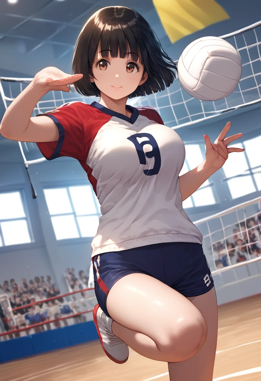 score_9,score_8_up,score_7_up,masterpiece,best quality, source anime, realistic, super detailed, extreme detailed, rating_safe,
1girl, solo, 22yo, short hair, bob cut, (blunt bangs), black hair, (tareme, detailed cute brown eyes), curled eyelashes, (large breasts:0.9),
shiny hair, beautiful detailed eyes, beautiful face,
Playing Volleyball, jumping, spiking, Volleyball uniforms,
Gymnasium, Volleyball Courts, Olympics, Japan National Team, audience,